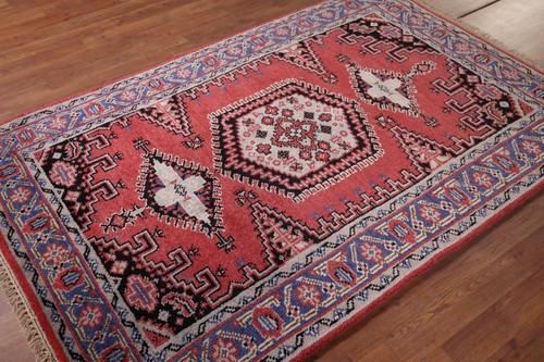 Ethnic Indian Viss wool Red rug with geometric patterns Red 4x6 ft - Picture 7 of 18