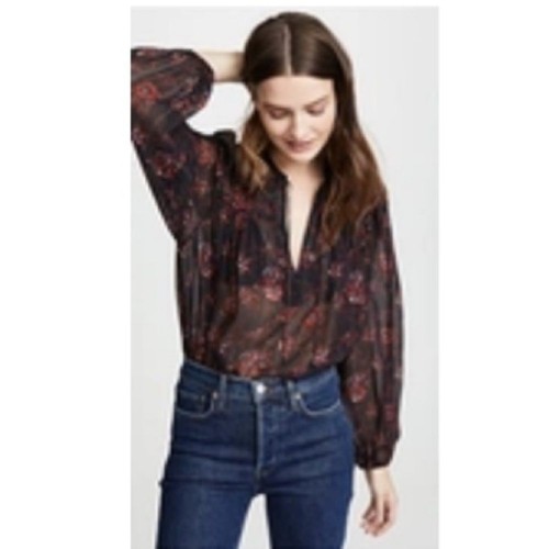 Ulla Johnson Constance Floral Blouse Silk Metallic Gold Crepe Top Size 0 Noir - Picture 2 of 10