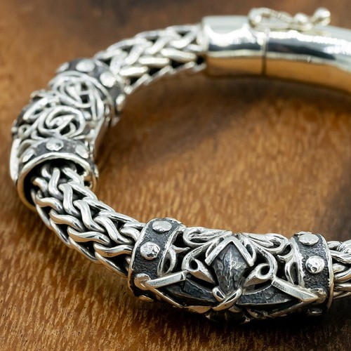 127g 7.8" heavy art woven braided snake tribal 925 sterling silver mens bracelet - 第 3/14 張圖片