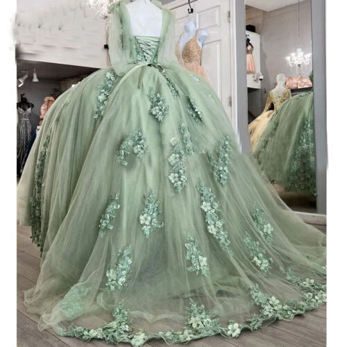 Salbeigrün Quinceanera Kleider süß 15 16 schulterfrei 3D Blumenballkleider - Bild 3 von 11