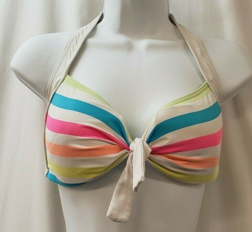 BRIGHT NEON STRIPED BIKINI TOP~COCO RAVE~M/L 34/36 D CUP~pink blue orange yellow - Picture 4 of 8