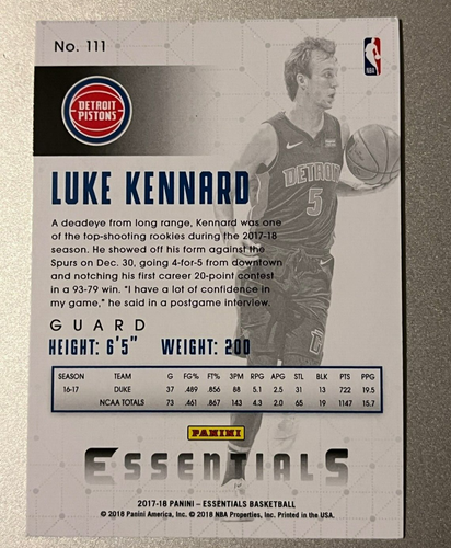 2017-18 Panini Essentials- Rookie RC- Luke Kennard #111- Detroit Pistons - Picture 2 of 2
