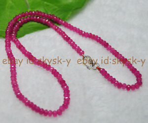 Fine-2x4mm-Rose-Ruby-Faceted-Roundel-Gems-Beads-Necklace-Silver-Clasp-AAA