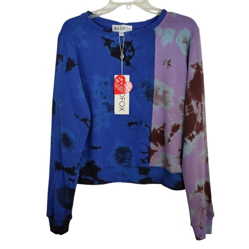 Wildfox Meteorite Sweatshirt Top Gr. XS Blau Lila Batik Athleisure Neu Neu mit Etikett