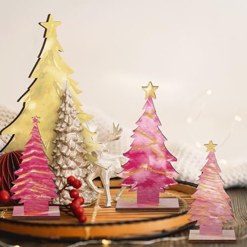 6 Pcs Pink Gold Wooden Christmas Trees Tabletop Decor Rustic Wood Christmas - Bild 6 von 6