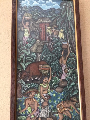 Original Acrylic on Canvas Bali Indonesia Village Scene, Framed 8" x 34" (Image) - Picture 3 of 6