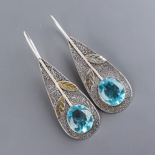 Natural Sky Blue Topaz Gemstone Drop/Dangle Earrings 925 Sterling Silver Jewelry - Picture 3 of 6
