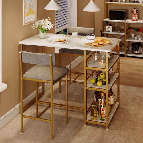 Dining Set Bar Table and 2 Upholstered Height Chairs Wood Top for Small Kitchen - Picture 12 of 58
