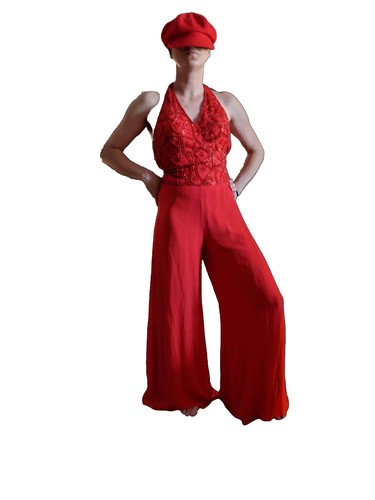 VTG SHOWTIME Red Chiffon Beaded Halter Top Wide Leg Y-2K Jumpsuit pockets SzS - Picture 4 of 8