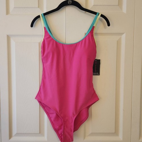 No Boundaries Pink One-Piece Swimsuit With Blue & Yellow Trim Size M NWT
