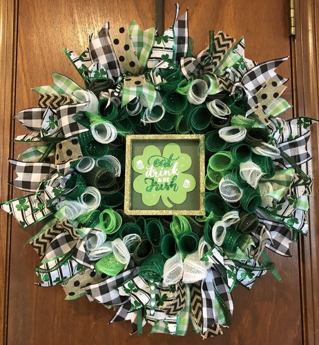 ☘️ST PATRICK DAY☘️ HANDMADE CURLY DECO MESH WREATH! ☘️ EAT DRINK & Be IRISH ☘️ - Picture 10 of 10