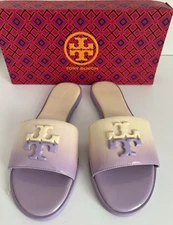 NIB Tory Burch Everly Slide Patent Leather Size 6 Signature Logo Lavender Cloud