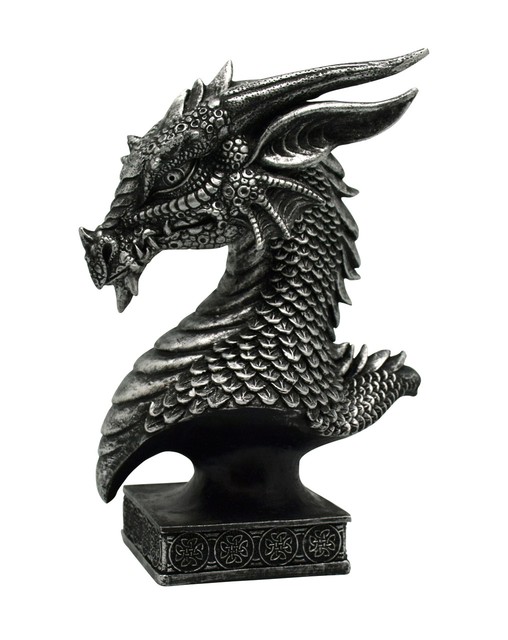 mythical silver dragon head on pedestal fantasy bust statue figurine