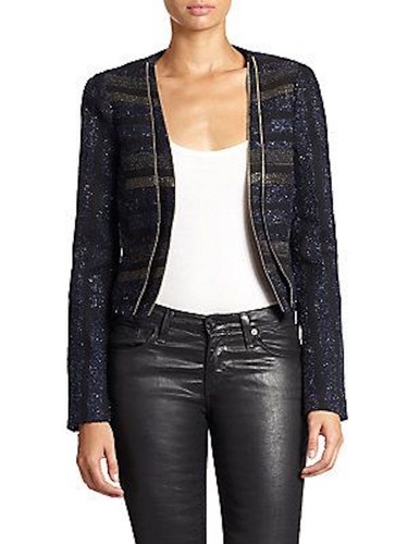 Rebecca Minkoff Delancey Black Gold Stripe Metalic Crop Jacket Blazer Medium 6 8 - Picture 2 of 12