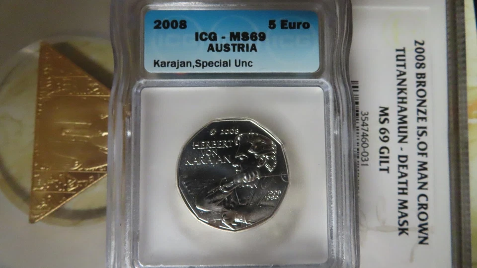 AUSTRIA. 2008, 5 euros, plata - ICG MS69 - Top Pop 🥇 Herbert von Karajan Foto 2 de 4