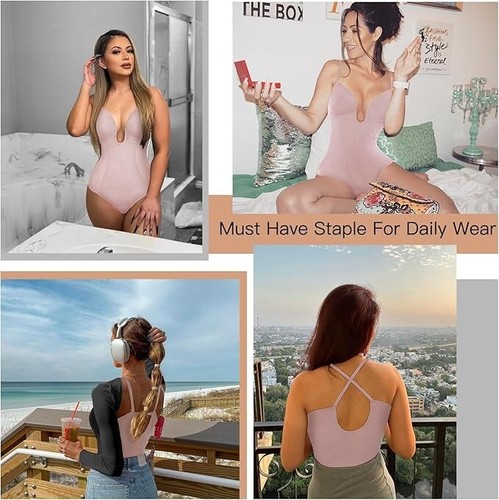 Women's Pink Medium Shapewear Deep V Thong Low-Back Tummy Control Bodysuit - Picture 3 of 4