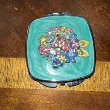 Vintage Silver Tone Enamel Butterfly Compact two Mirror's with Crystals Resin