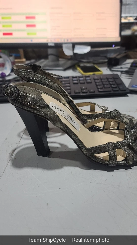 Sandalias Jimmy Choo Talla 38 Tacones Bloque Metálicos Brillo Bronce Cordones L G2U Foto 4 de 4