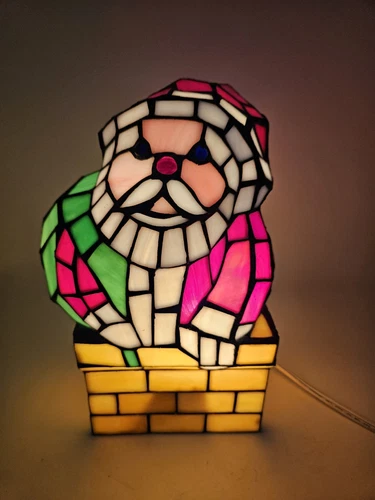 Vtg Santa Claus Chimney Tiffany Style Stained Glass Accent Lamp Christmas 9.5”