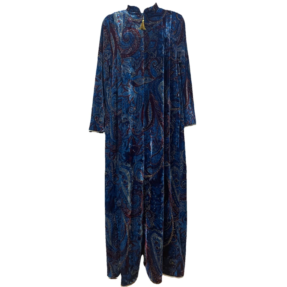 Vestido Casa Vintage Phases Bata M Terciopelo Terciopelo Paisley Azul Dorado Cremallera Borla Foto 3 de 4