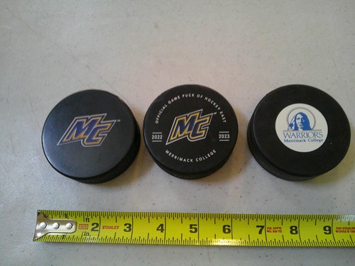 RARE SET 3 MERRIMACK COLLEGE PUCKS MC & 2022 23 OFFICIAL GAME HOCKEY PUCK EAST