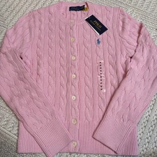 Polo Ralph Lauren Women’s Cable Knit Cotton Cardigan Sweater Pink Button Front