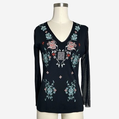 Vintage Y2K Vivienne Tam NWT Deadstock mesh floral embroidered black LS top S