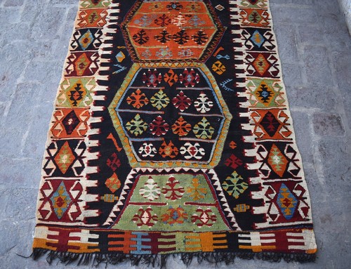 Antique Caucasian Tribal Wool Kilim Rug 4x7 Black Handwoven Geometric Area Rug - Picture 7 of 11