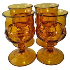 Set of 4 Colony Color Crown Dark Amber Stemmed Wine Glasses Retro Heavy Goblets