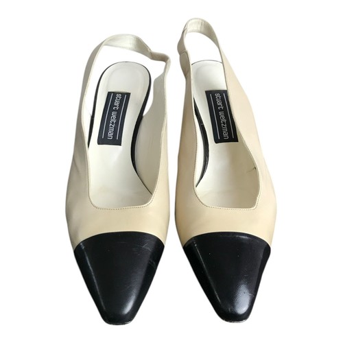 Stuart Weitzman Shoes Womens Size 9 Beige Slingback Leather Black Toes 3" Heels - Picture 3 of 7
