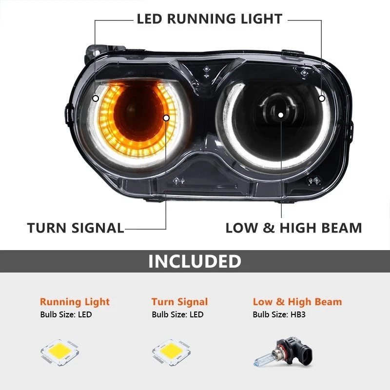 Halogen Projector Headlight W/Bulb LED DRL For 2015-2023 Dodge Challenger Driver Foto 3 de 4