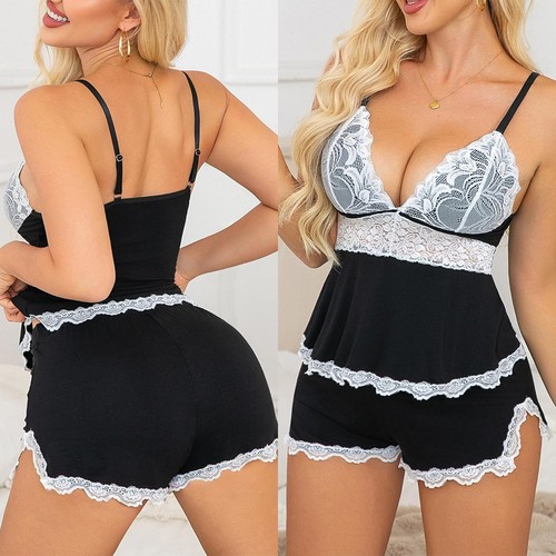 Women's Camisole Sleepwear Set Sexy Pajamas Lace Tops Shorts Sleepwear Nightwear - Picture 47 of 56
