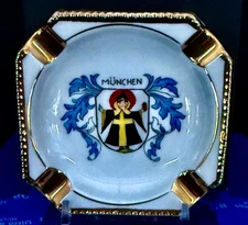 Vintage Porcelain Ashtray Features Munich Coat of Arms with Gold-Tone Trim 3"