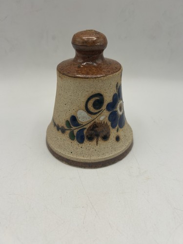 Campana ceramica Tonala arte popolare messicana vintage ~ disegno floreale dipinto a mano ~ marrone/blu - Foto 2 di 9
