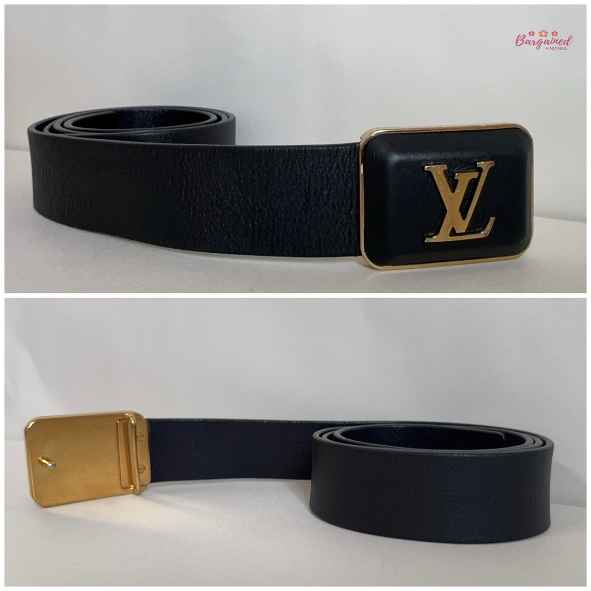 Authentic Louis Vuitton Black Leather Gold LV Logo Square