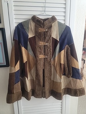 Vintage Rare 1970s Patchwork Suede Leather Poncho, With Fur Trim 