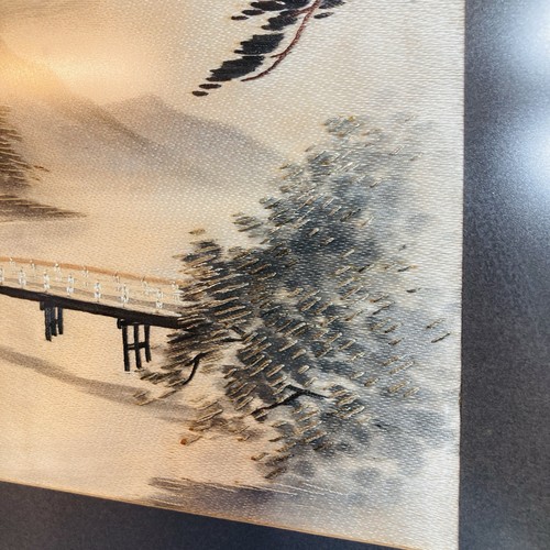 Vintage MCM Japanese Silk Embroidery Art Mt. Fuji Landscape Pagoda Bridge Grays - Picture 5 of 13