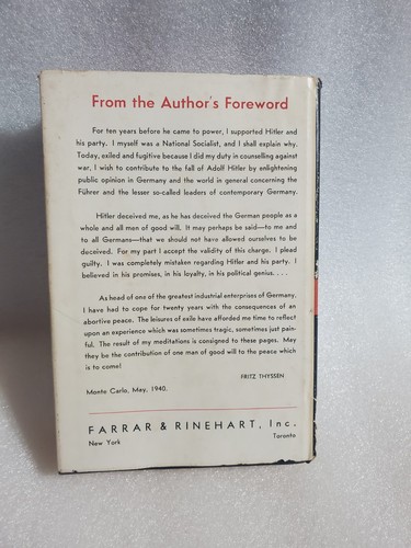 I Paid Hitler" by Fritz Thyssen, 1941 1st FIRST Edition with DUSTCOVER RARE