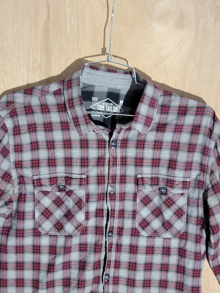 Tom Tailor Mens Plaid Flannel Button-Up Shirt Red Gray Long Sleeve Regular Fit M - Image 4 of 4
