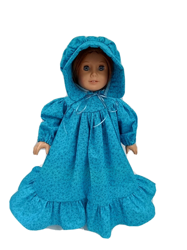 Vestido y gorro Pioneer Prairie de 18 pulgadas ropa para muñeca se adapta a American Girl azul - Imagen 1 de 6