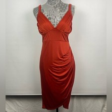 Nevena Rae Rust Red Plunge Rouched Hip Corset Style Bodice Dress Size S