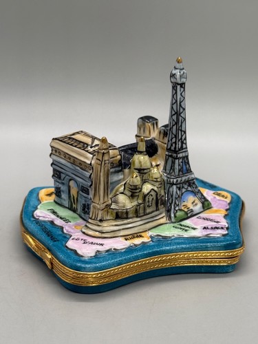 VTG Limoges France Deco Peint Main Porcelain Paris Trinket Box Map Notre Dame - Picture 6 of 18