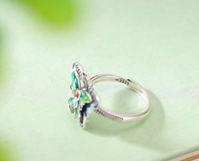 F02 Anello Colorato Smaltato Farfalla Con Giada E Agata Argento Sterling 925 - Immagine 4 di 4