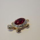 Turtle Pin Brooch Goldtone Ruby Red