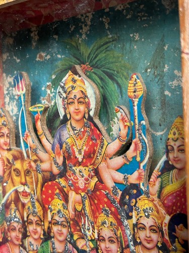 DE COLECCIÓN DIOS HINDÚ MA DURGA IMPRESIÓN LITOGRÁFICA PARED TEMPLO MADERA VIDRIO ESCAPARATE MARCO - Imagen 12 de 12