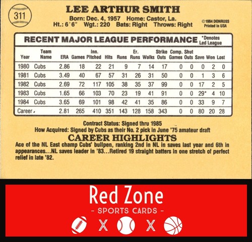 1985 Donruss - #311 Lee Smith EX+ NM Set Break. - Picture 2 of 2