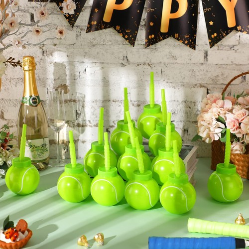 12 Sets Tennis Ball Party Cups with Straws and Lids 10oz Plastic Tennis Cups ... - Picture 2 of 7