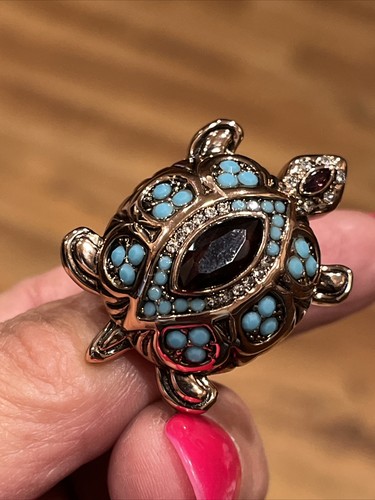 Lg. Turtle Ring W/ Faux Turquoise & Amethyst & Cubic Zirconia, Size 6 - Picture 6 of 8