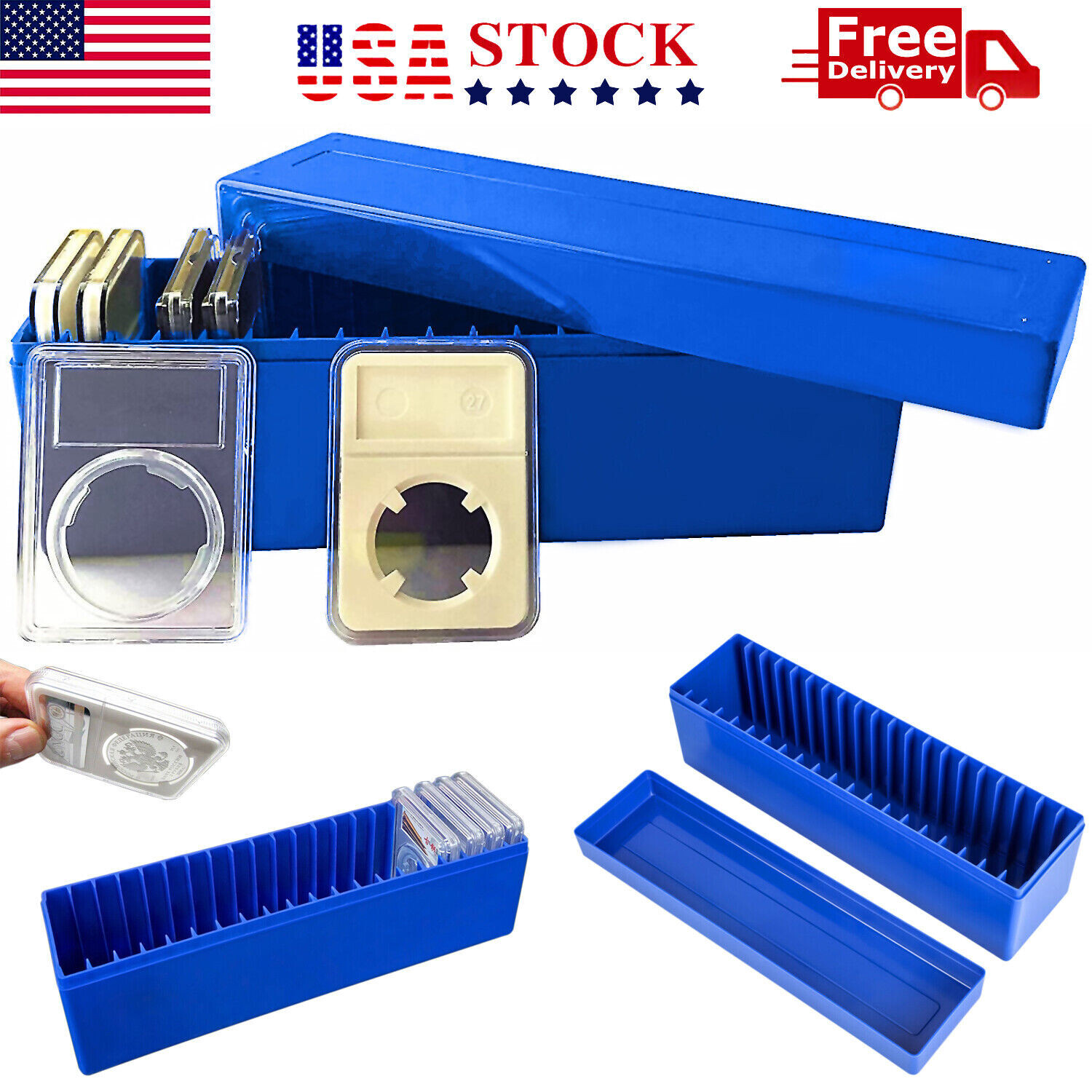 Storage Box Plastic Case for 20 Certified PCGS NGC Slabs Coin Holders Blue NEW