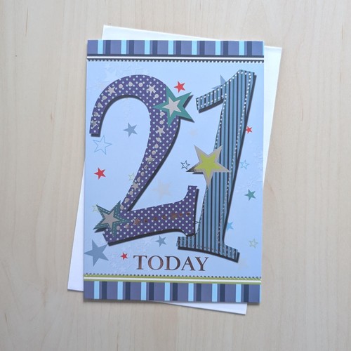 Age 21 Birthday Card Age 21st  Twenty one Adult Blue Stars - 7.5" x 5.25" - Picture 1 of 3